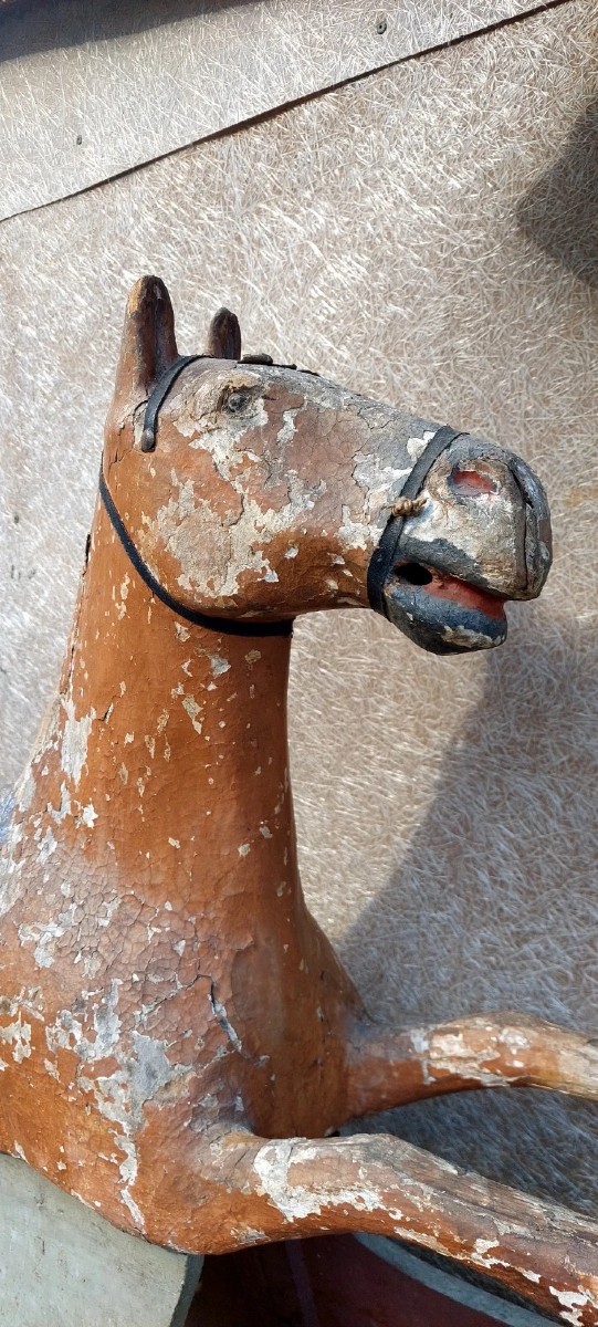 RARO ANTICO CAVALLO A DONDOLO XIX SECOLO LEGNO E CARTAPESTA DIPINTO-photo-1