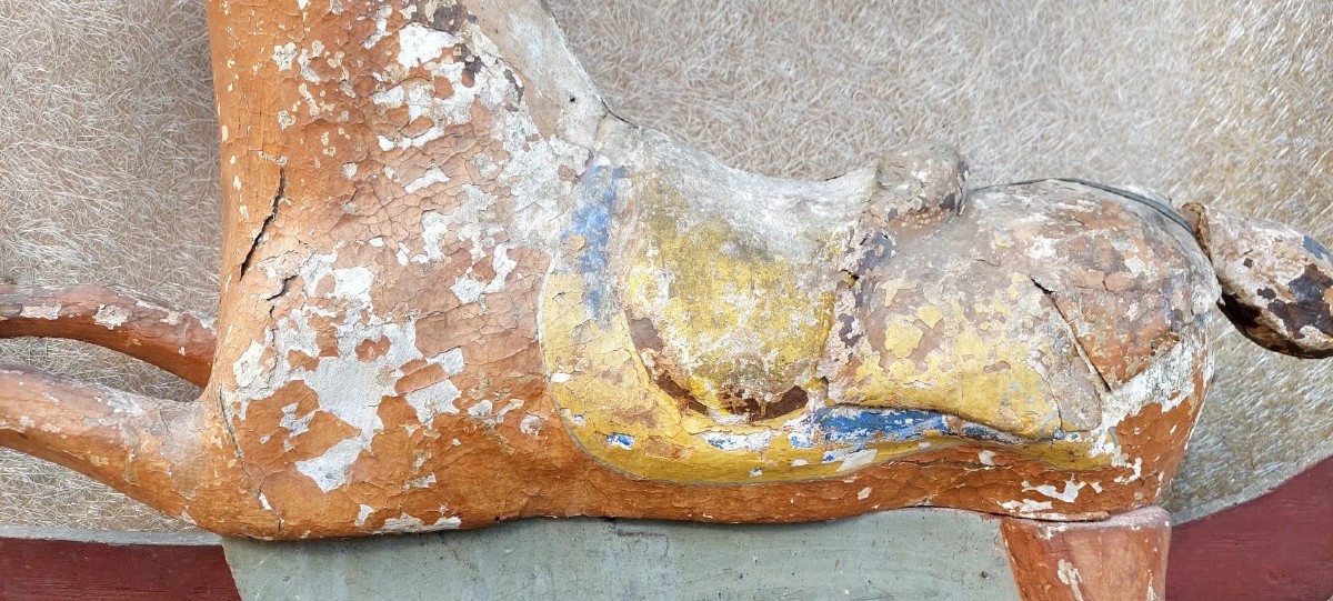 RARO ANTICO CAVALLO A DONDOLO XIX SECOLO LEGNO E CARTAPESTA DIPINTO-photo-2