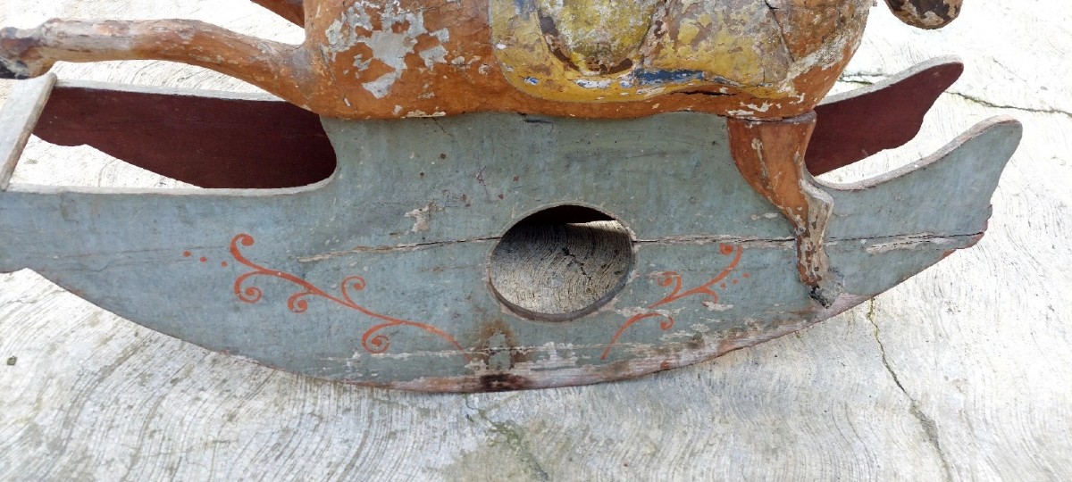 RARO ANTICO CAVALLO A DONDOLO XIX SECOLO LEGNO E CARTAPESTA DIPINTO-photo-3