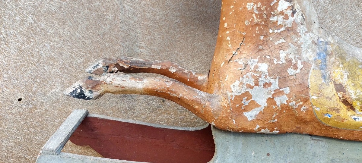 RARO ANTICO CAVALLO A DONDOLO XIX SECOLO LEGNO E CARTAPESTA DIPINTO-photo-6