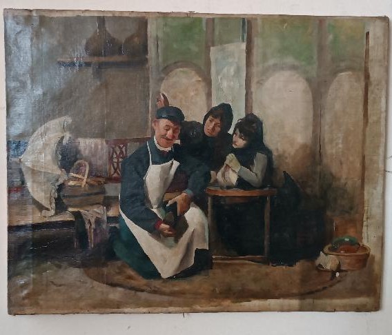 dipinto antico olio su tela XIX secolo scuola italiana "IL CIABATTINO"  -photo-2