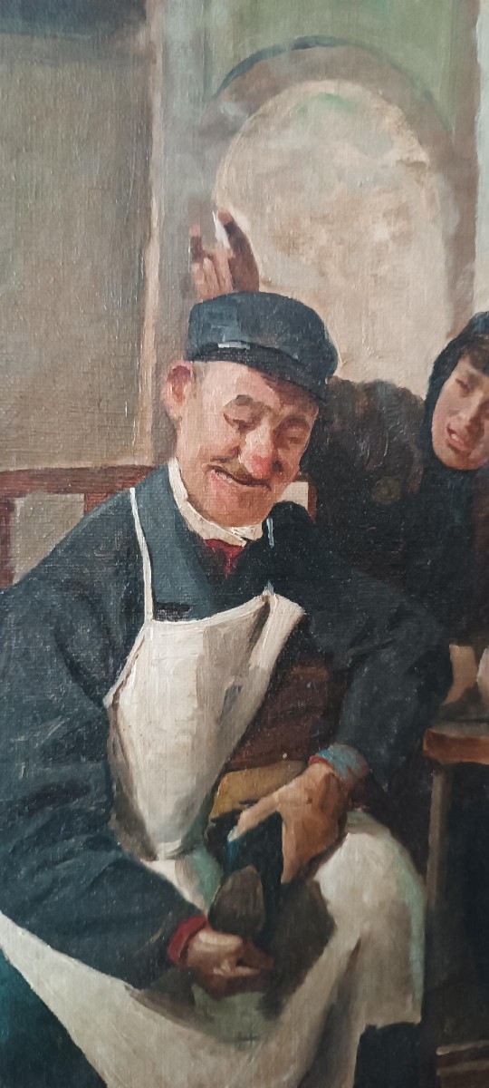 dipinto antico olio su tela XIX secolo scuola italiana "IL CIABATTINO"  -photo-3