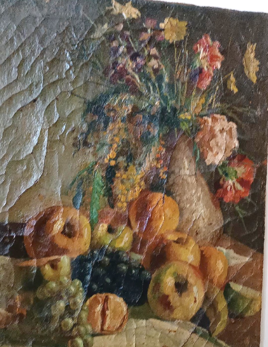 Dipinto ad olio su tela del XIX secolo, vaso di frutta con fiori-photo-4