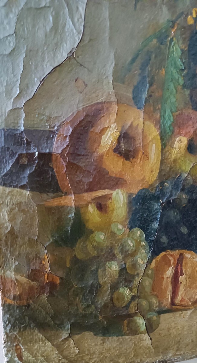 Dipinto ad olio su tela del XIX secolo, vaso di frutta con fiori-photo-2
