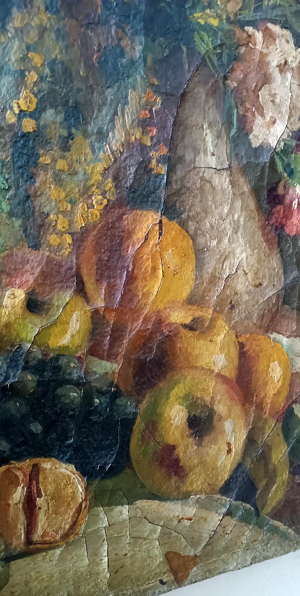 Dipinto ad olio su tela del XIX secolo, vaso di frutta con fiori-photo-3