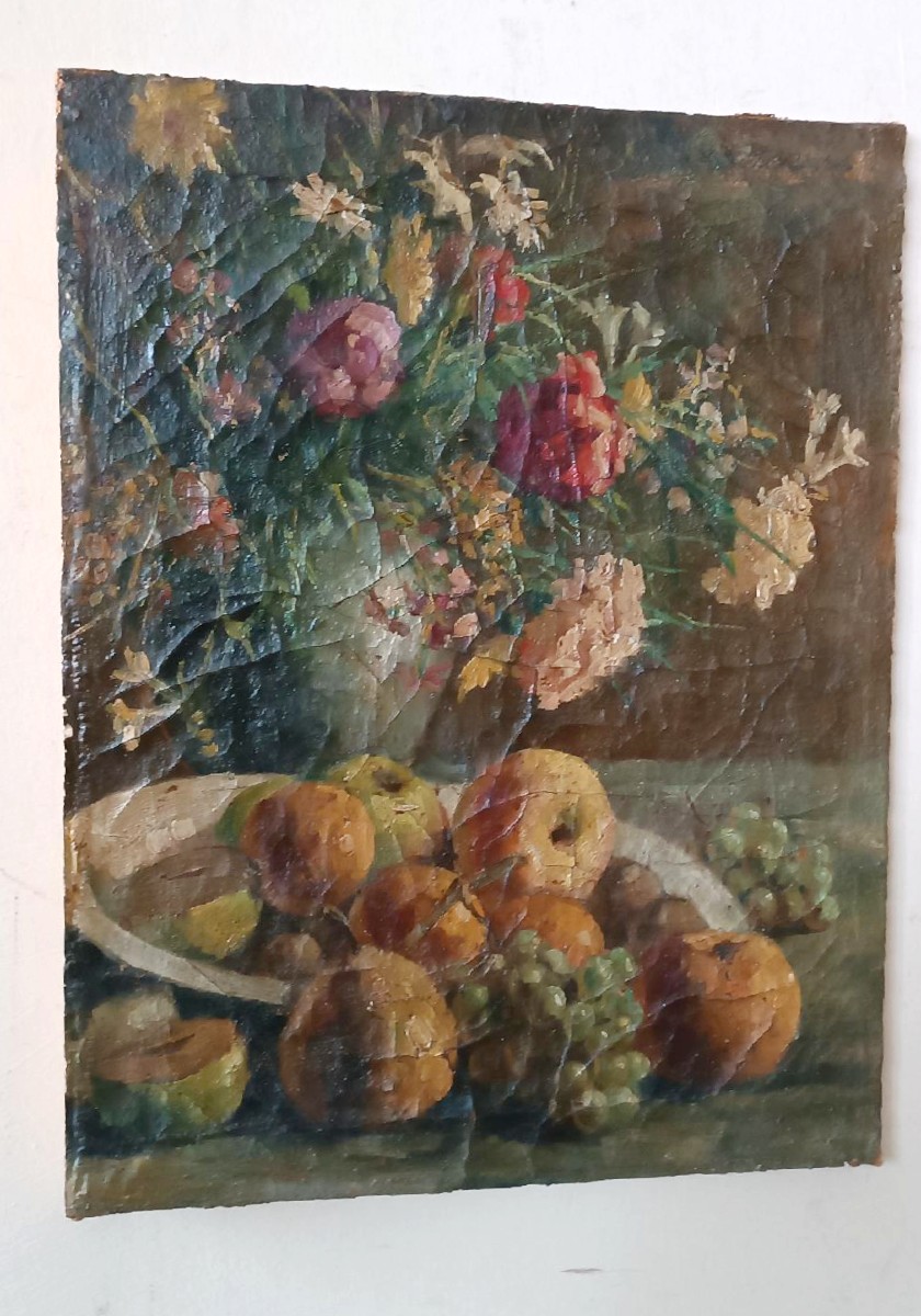 Dipinto ad olio su tela del XIX secolo, vaso di frutta con fiori