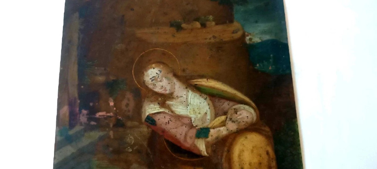 Antico dipinto su rame ,scuola fiamminga  XVII secolo ,raffigurante santa-photo-4