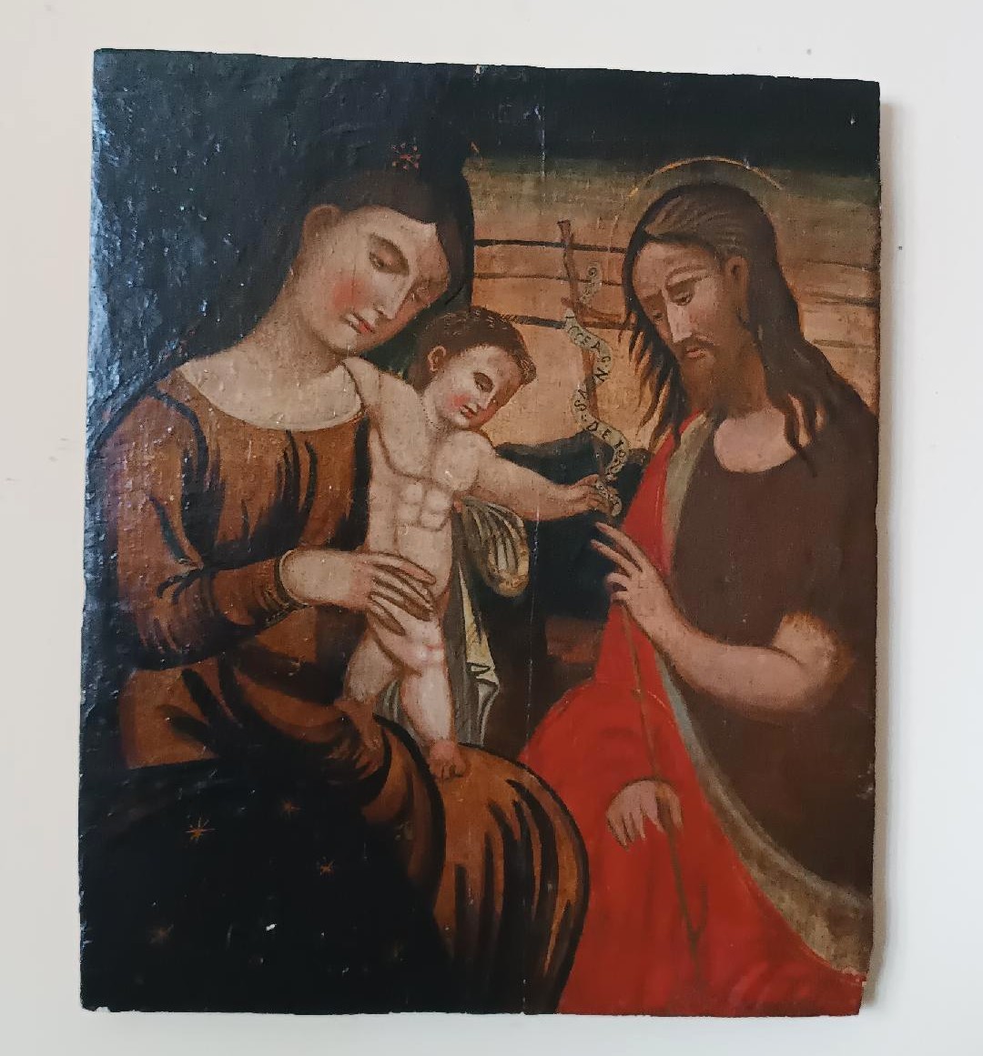 Antica tavola dipinta -Sacra famiglia-Scuola veneziana cretese XVI secolo-photo-2