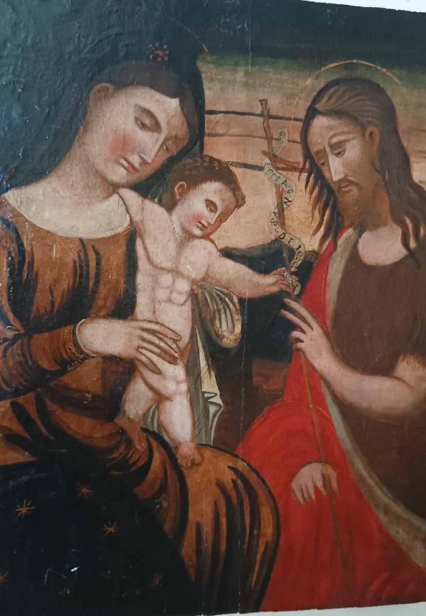 Antica tavola dipinta -Sacra famiglia-Scuola veneziana cretese XVI secolo-photo-3