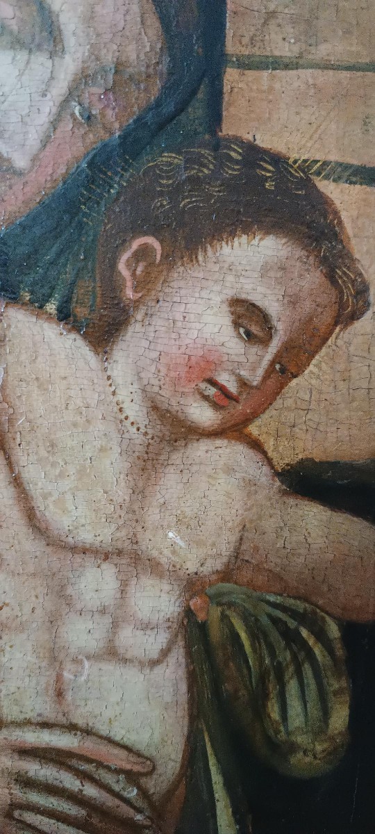 Antica tavola dipinta -Sacra famiglia-Scuola veneziana cretese XVI secolo-photo-4