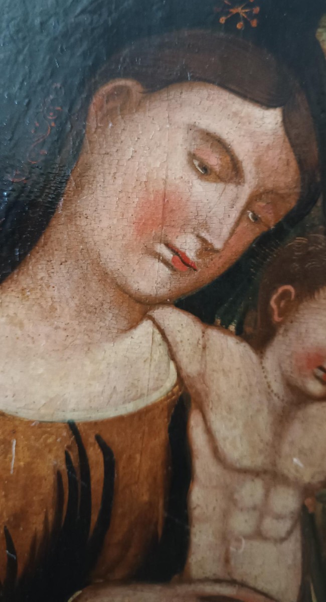 Antica tavola dipinta -Sacra famiglia-Scuola veneziana cretese XVI secolo-photo-2