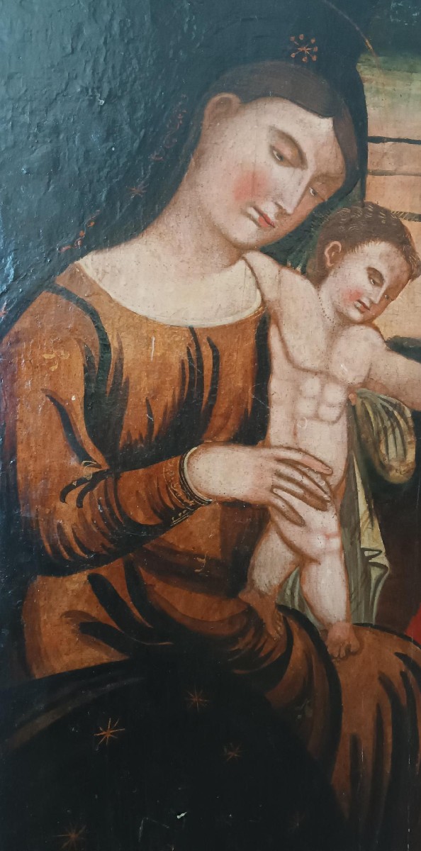 Antica tavola dipinta -Sacra famiglia-Scuola veneziana cretese XVI secolo-photo-3