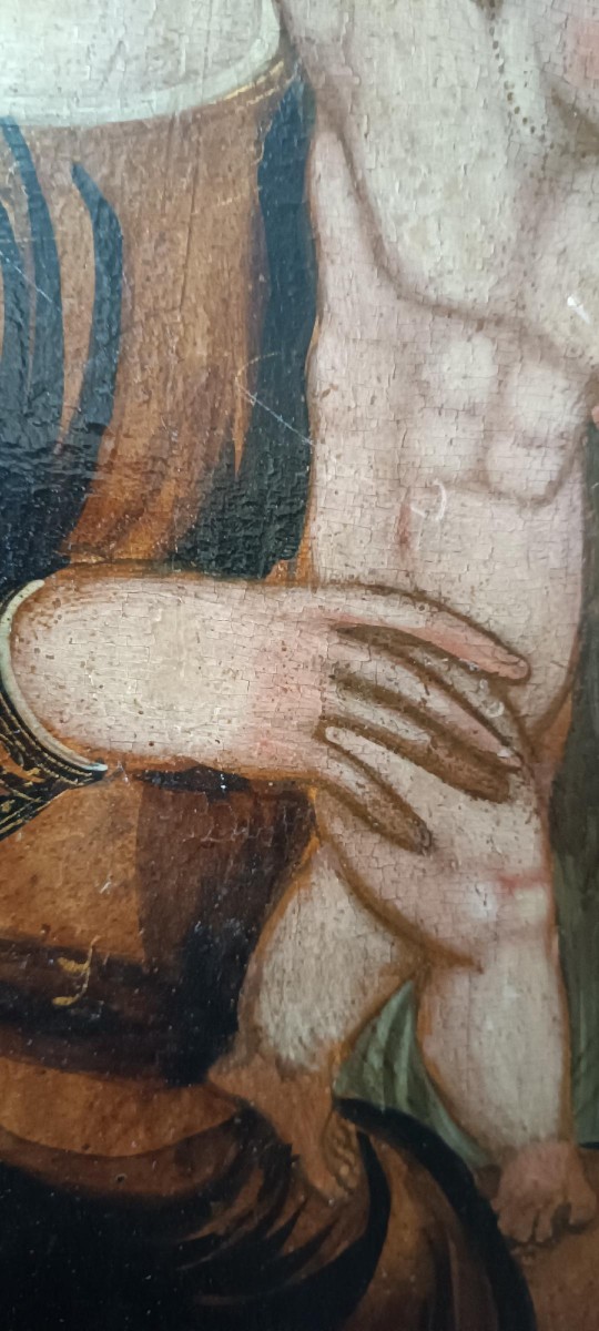 Antica tavola dipinta -Sacra famiglia-Scuola veneziana cretese XVI secolo-photo-5