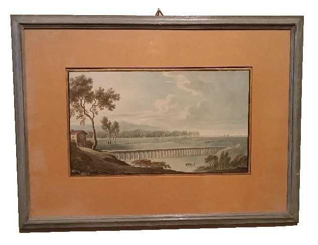 6 Antichi acquerelli su carta primi 800 - paesaggi con acquedotto,  ponte-photo-2