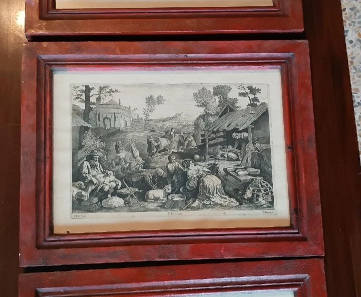 9 Incisioni acquaforte antica-paesaggi scene pastorali--Bassano-Incisore Troyen-1660-photo-2