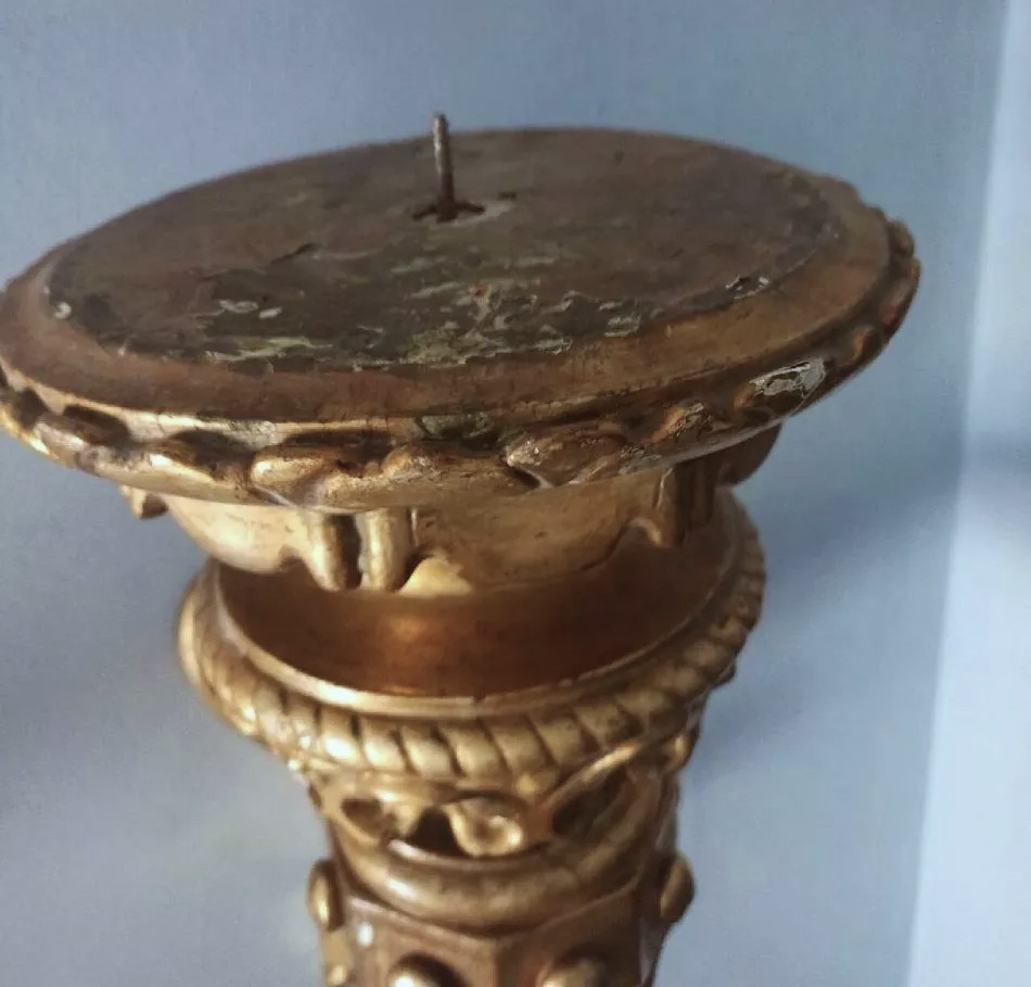 Grande vecchia coppia di candelieri da parete dorati - applique in legno dorato-photo-4