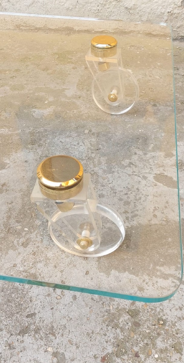 Grande Tavolo Basso Design  Piano Cristallo Ruote Lucite 140 Cm-photo-4