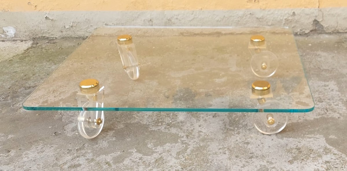 Grande Tavolo Basso Design  Piano Cristallo Ruote Lucite 140 Cm-photo-3