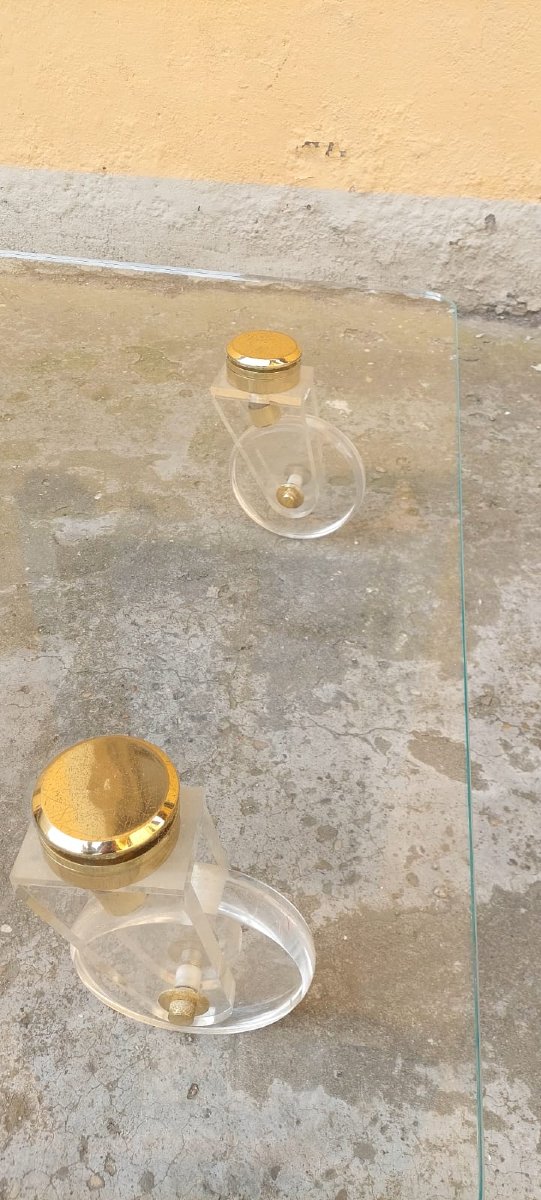 Grande Tavolo Basso Design  Piano Cristallo Ruote Lucite 140 Cm-photo-1