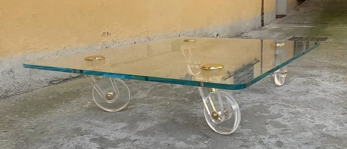 Grande Tavolo Basso Design  Piano Cristallo Ruote Lucite 140 Cm-photo-2