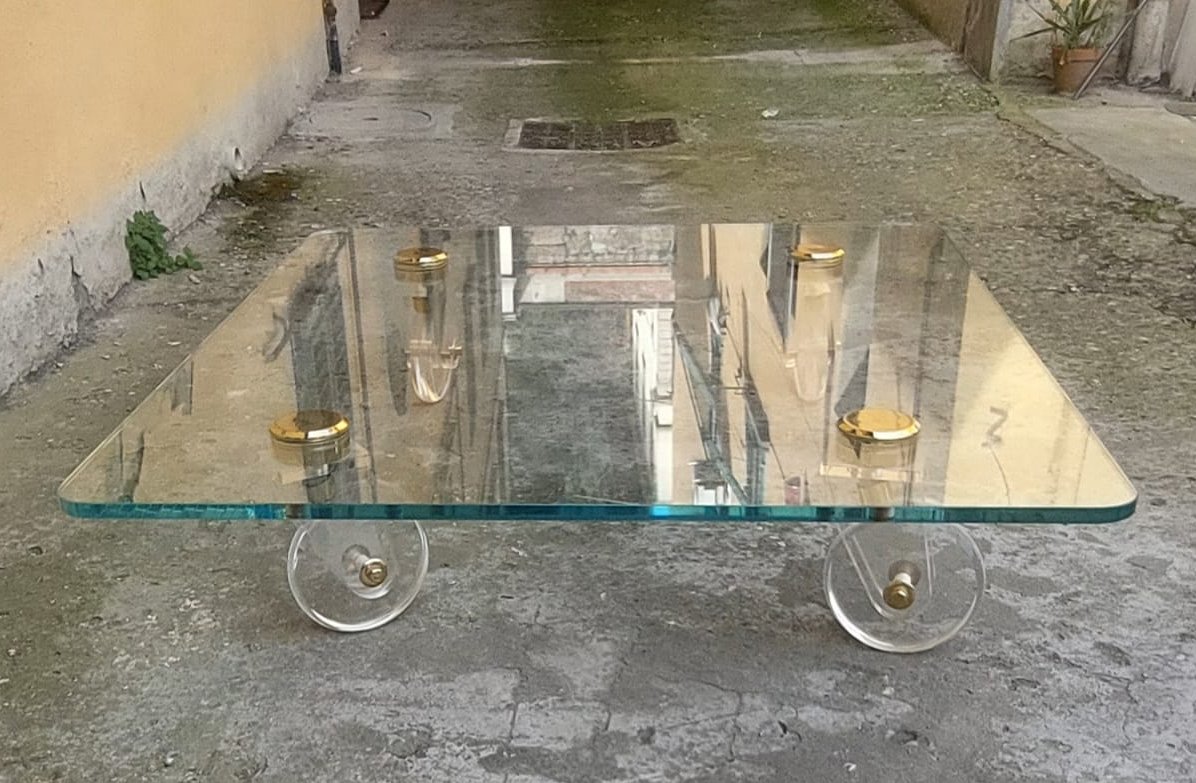Grande Tavolo Basso Design  Piano Cristallo Ruote Lucite 140 Cm-photo-3