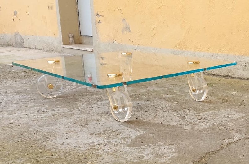 Grande Tavolo Basso Design  Piano Cristallo Ruote Lucite 140 Cm-photo-4
