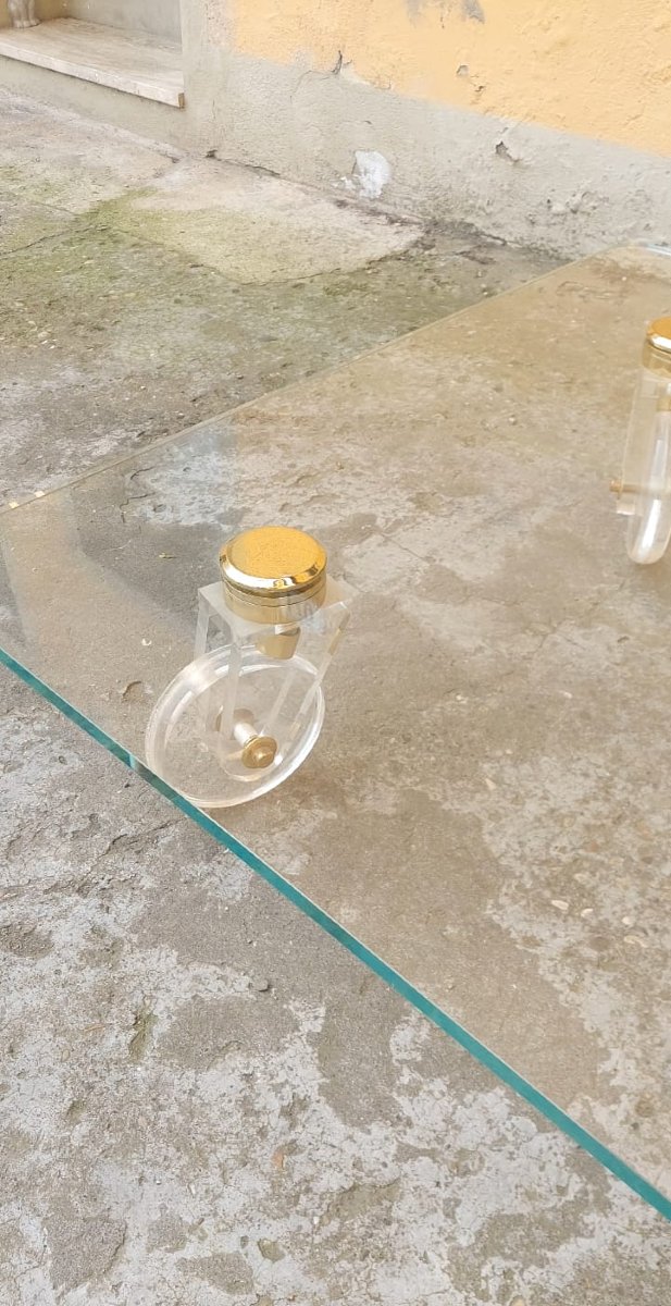 Grande Tavolo Basso Design  Piano Cristallo Ruote Lucite 140 Cm-photo-5