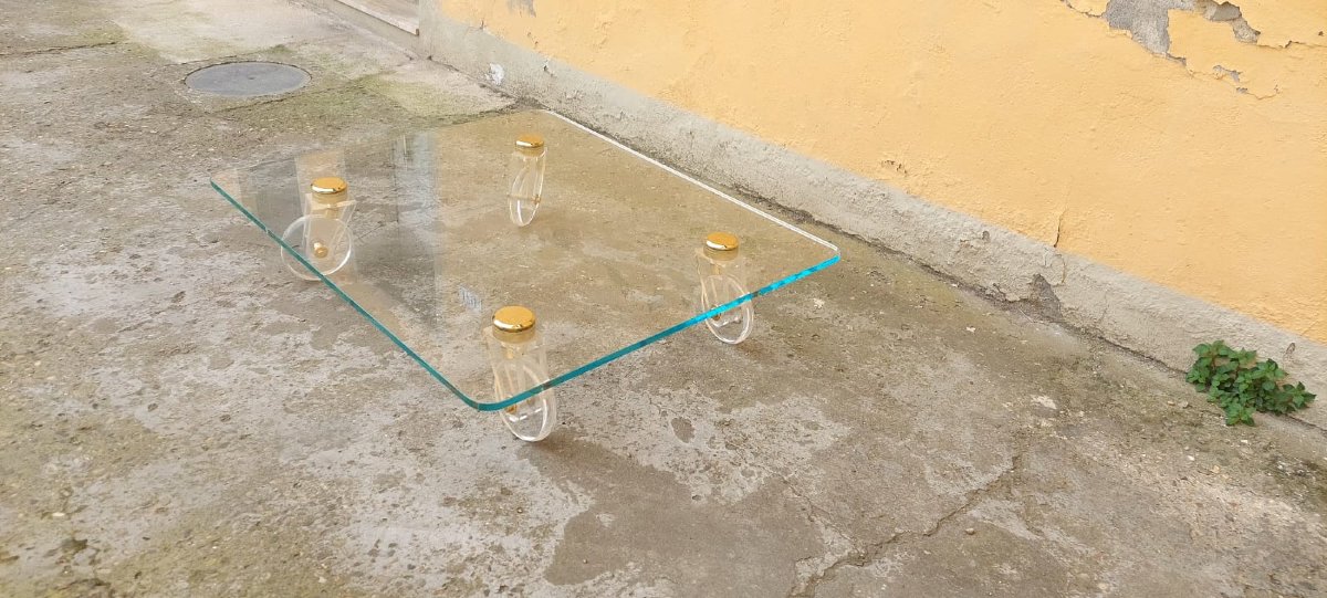 Grande Tavolo Basso Design  Piano Cristallo Ruote Lucite 140 Cm-photo-6