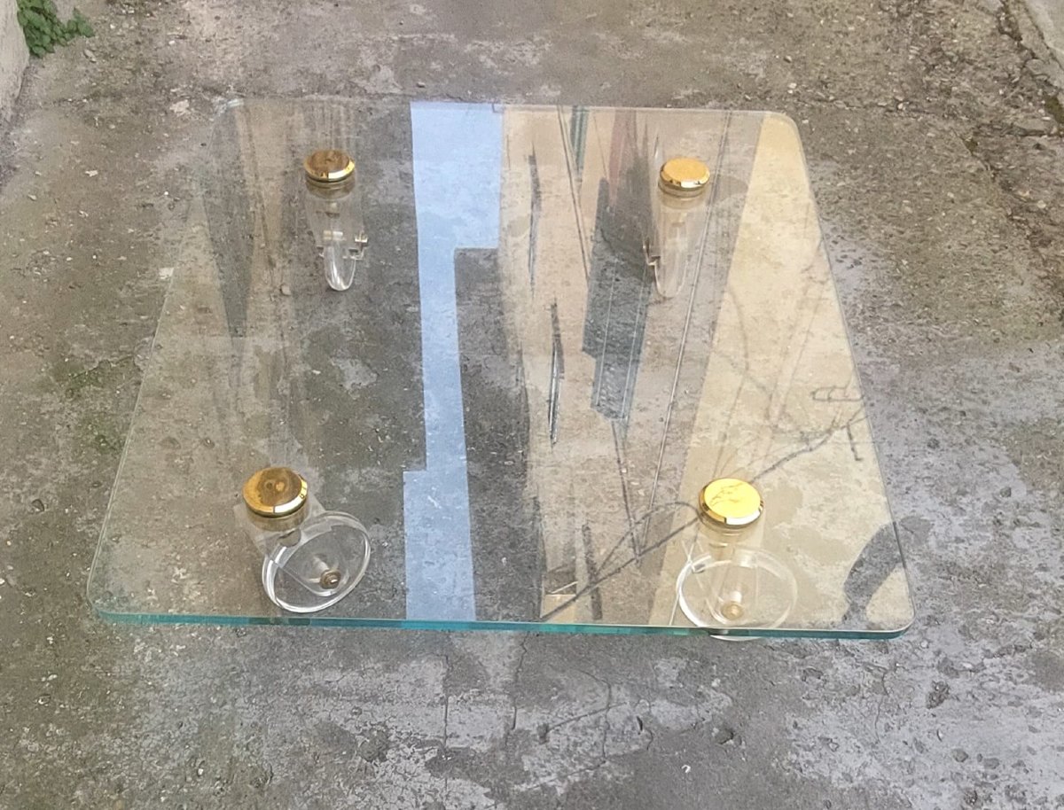 Grande Tavolo Basso Design  Piano Cristallo Ruote Lucite 140 Cm-photo-8