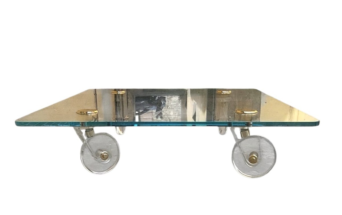 Grande Tavolo Basso Design  Piano Cristallo Ruote Lucite 140 Cm