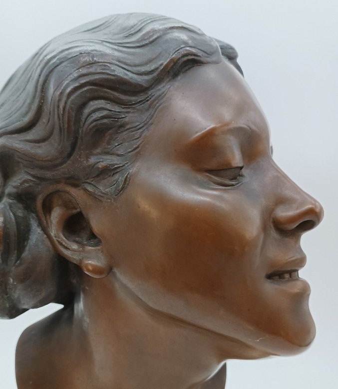 Scultura bronzo busto femminile di Attilio Torresini ANNI 20 -ritratto della moglie-photo-2