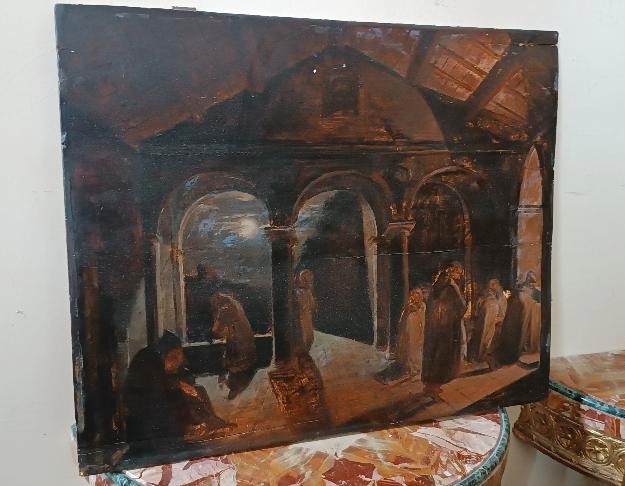 dipinto antico grande bozzetto ad olio su tavola Frati Convento XIX secolo-photo-2