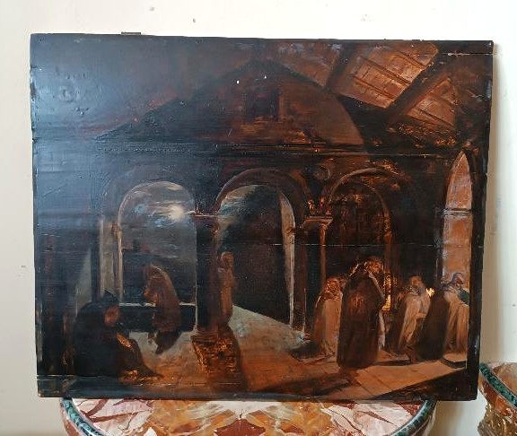 dipinto antico grande bozzetto ad olio su tavola Frati Convento XIX secolo-photo-3