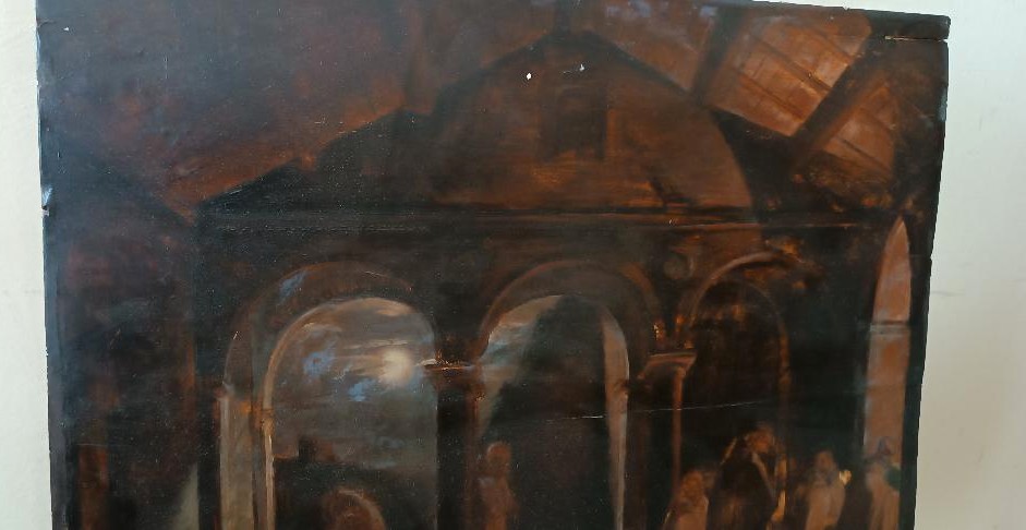 dipinto antico grande bozzetto ad olio su tavola Frati Convento XIX secolo-photo-1