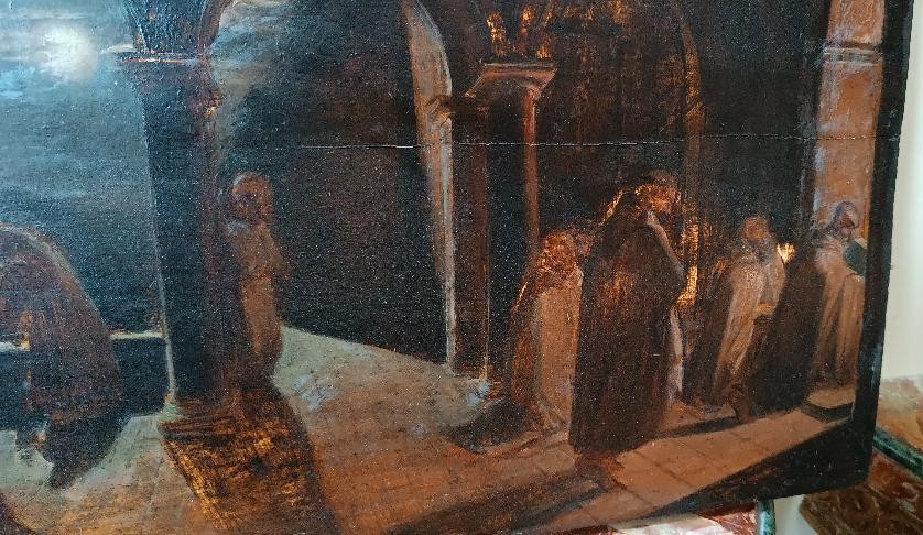 dipinto antico grande bozzetto ad olio su tavola Frati Convento XIX secolo-photo-2