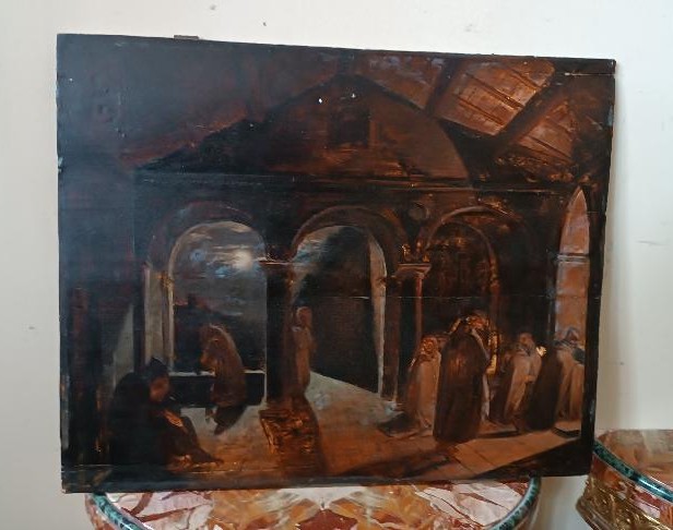 dipinto antico grande bozzetto ad olio su tavola Frati Convento XIX secolo