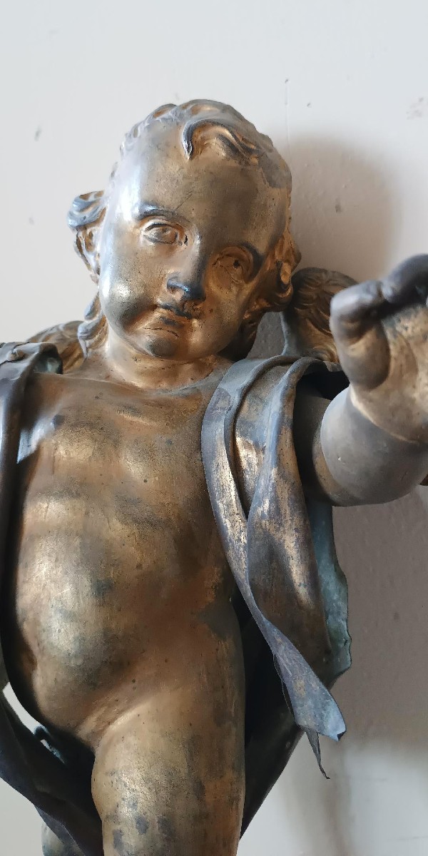 Antica scultura bronzo dorato,barocco,putto alato-photo-4