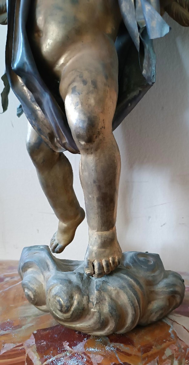 Antica scultura bronzo dorato,barocco,putto alato-photo-1