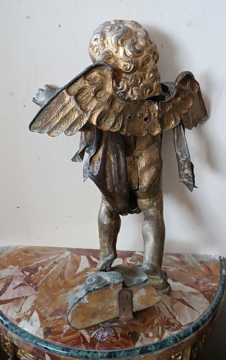 Antica scultura bronzo dorato,barocco,putto alato-photo-3