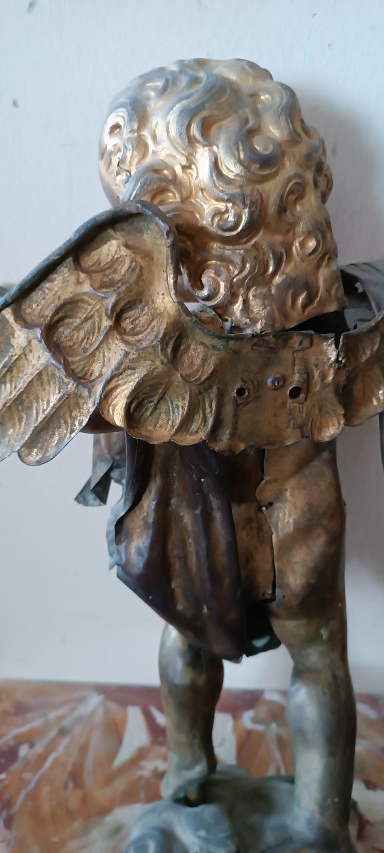 Antica scultura bronzo dorato,barocco,putto alato-photo-5
