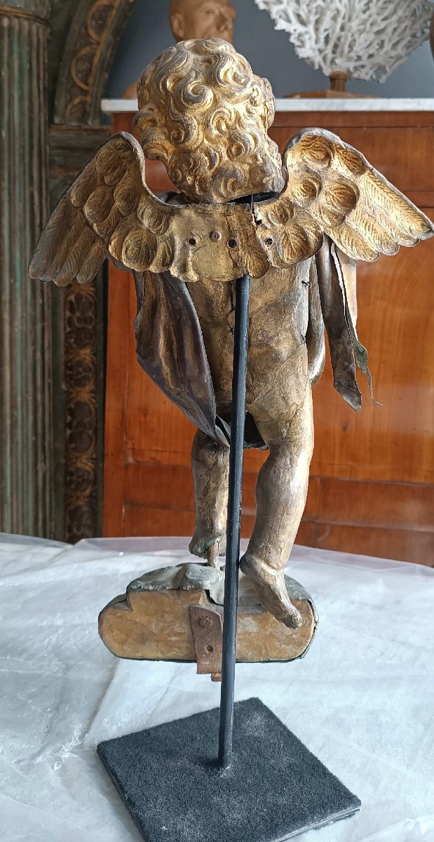 Antica scultura bronzo dorato,barocco,putto alato-photo-3