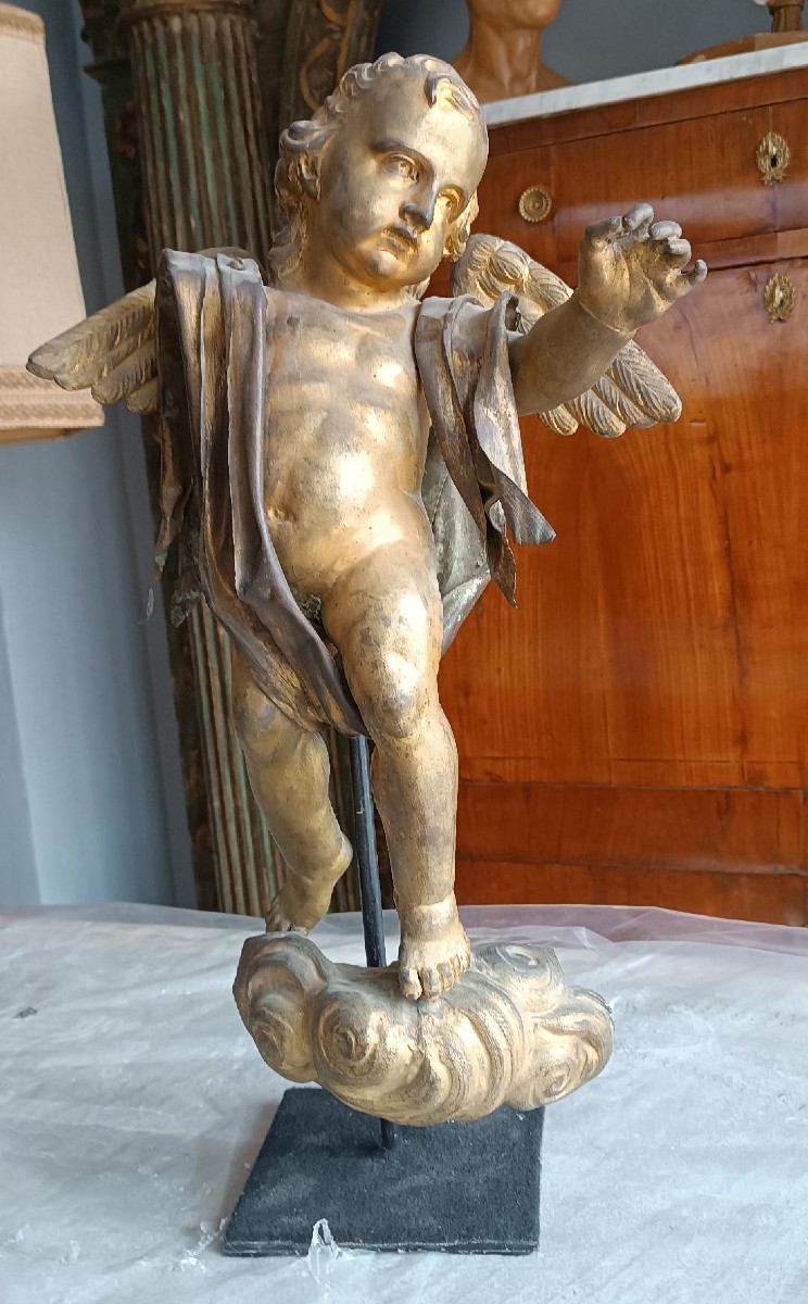 Antica scultura bronzo dorato,barocco,putto alato-photo-8