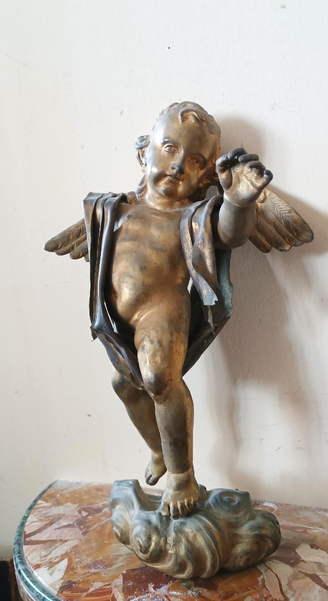 Antica scultura bronzo dorato,barocco,putto alato
