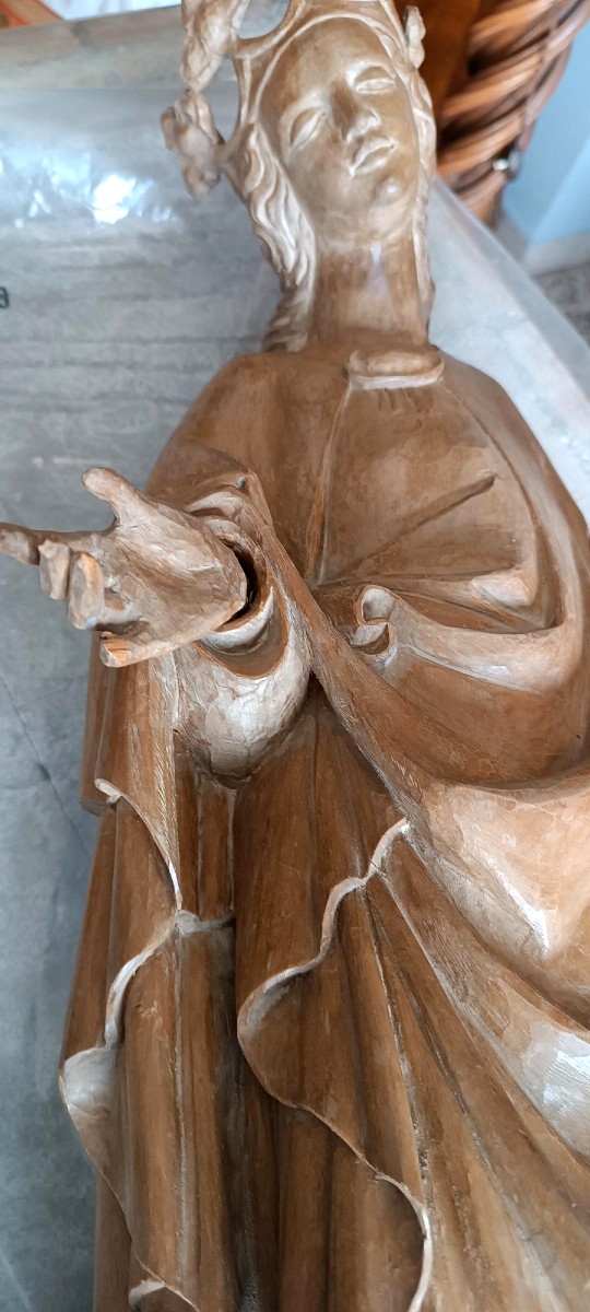 Antica scultura in legno raffigurante Santa Barbara h.70 cm-photo-6