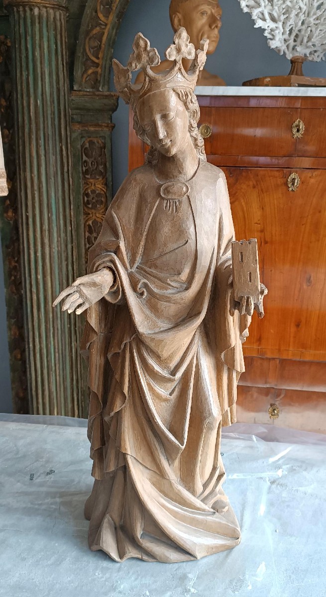 Antica scultura in legno raffigurante Santa Barbara h.70 cm