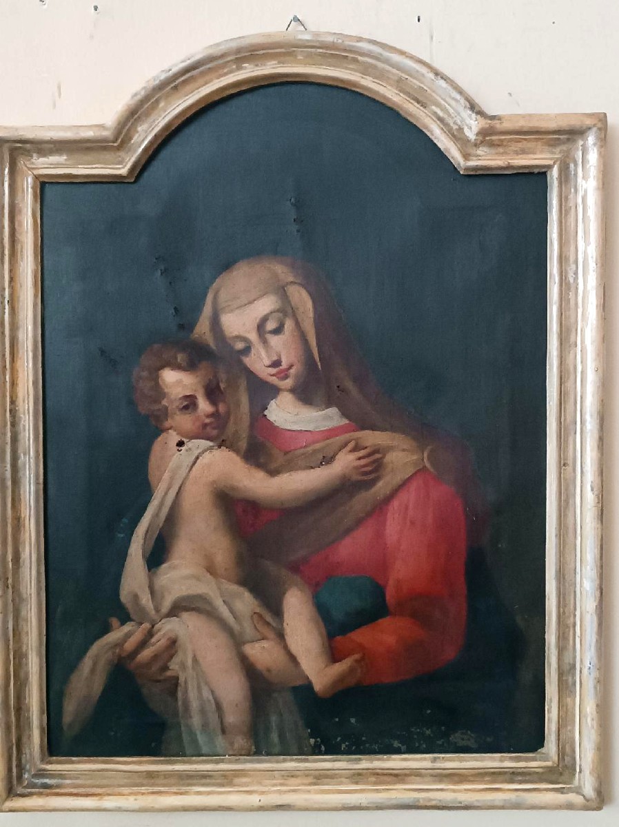 Antico dipinto olio su tela "Maria Vergine con bambino"-photo-2