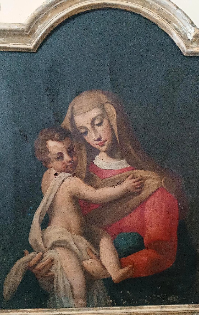 Antico dipinto olio su tela "Maria Vergine con bambino"-photo-3