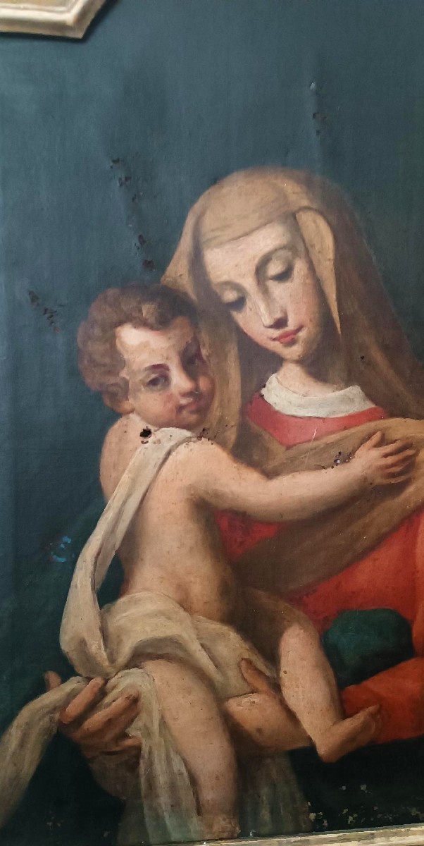 Antico dipinto olio su tela "Maria Vergine con bambino"-photo-4