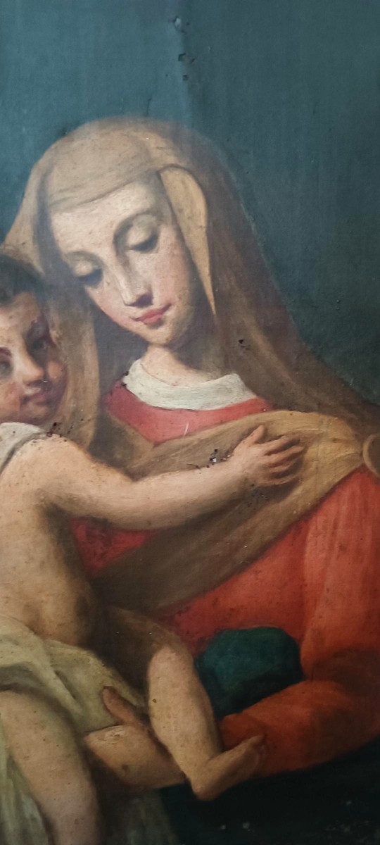 Antico dipinto olio su tela "Maria Vergine con bambino"-photo-1