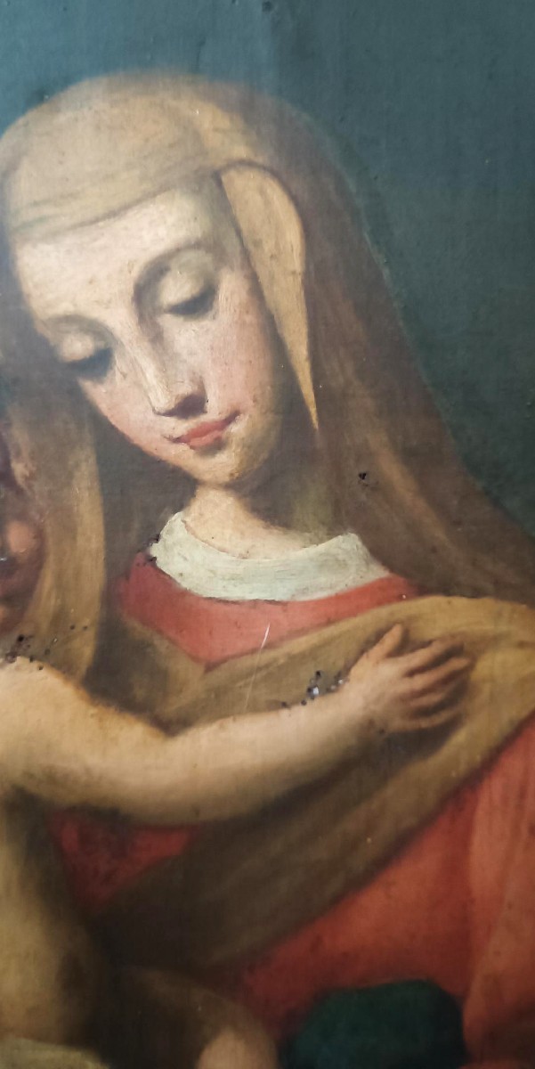 Antico dipinto olio su tela "Maria Vergine con bambino"-photo-2